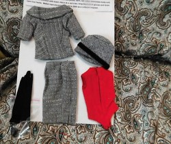 954 BARBIE DOLL CAREER GIRL 1963 - 64  COMPLETE OUTFIT,  RED BODYSUIT, BLACK GLOVES, TWEED SUIT